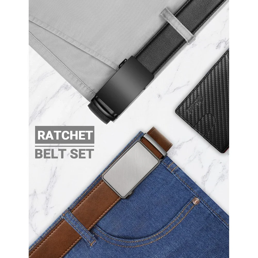 Zitahli Men's Ratchet Belt 2 Packs Leather Gift Dress CasualTrim Fit Size 34-48